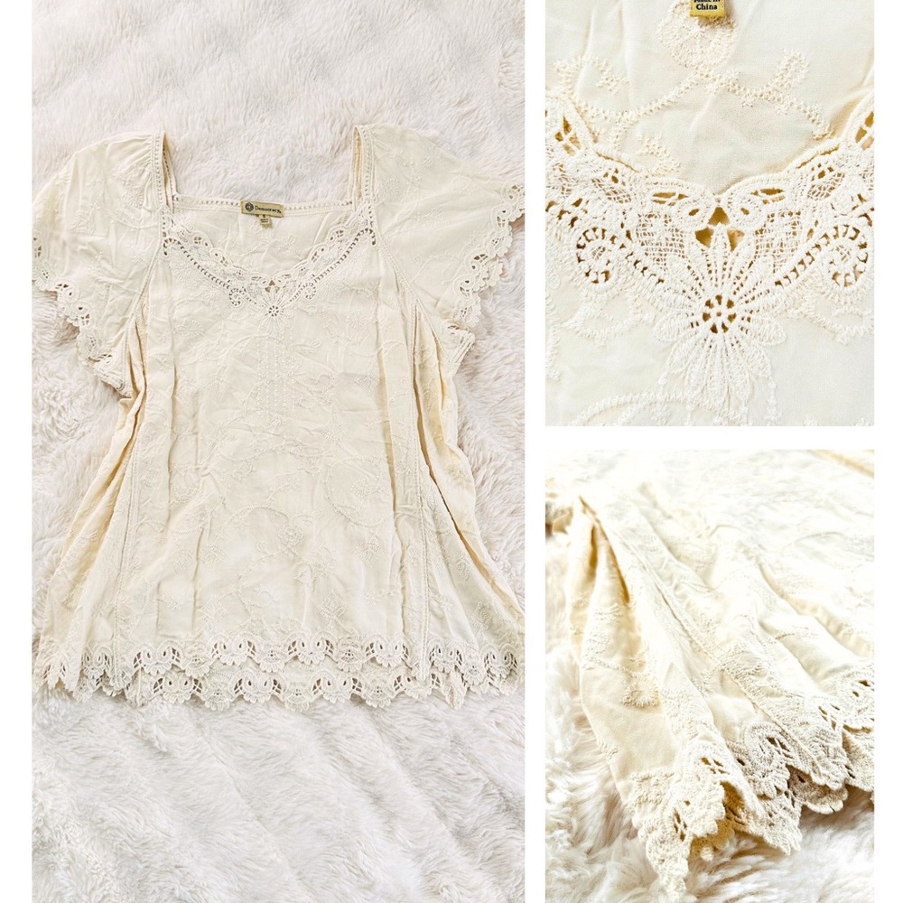 Democracy CottonCream Crochet-Trim Boho Blouse